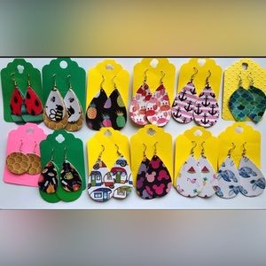 Lot of 12 Summer Faux Leather Teardrop Drop Earrings turtles pineapple bees